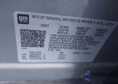 2023 Chevrolet Equinox Awd 2Fl из США, поврежденный, VIN 3GNAXTEG6PS213164